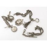 A collection of silver and other watch chains and fobs, one curb link double Albert and a single