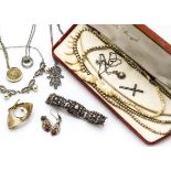 A collection of costume jewellery, including various marcasite bracelets, necklaces, brooches, an