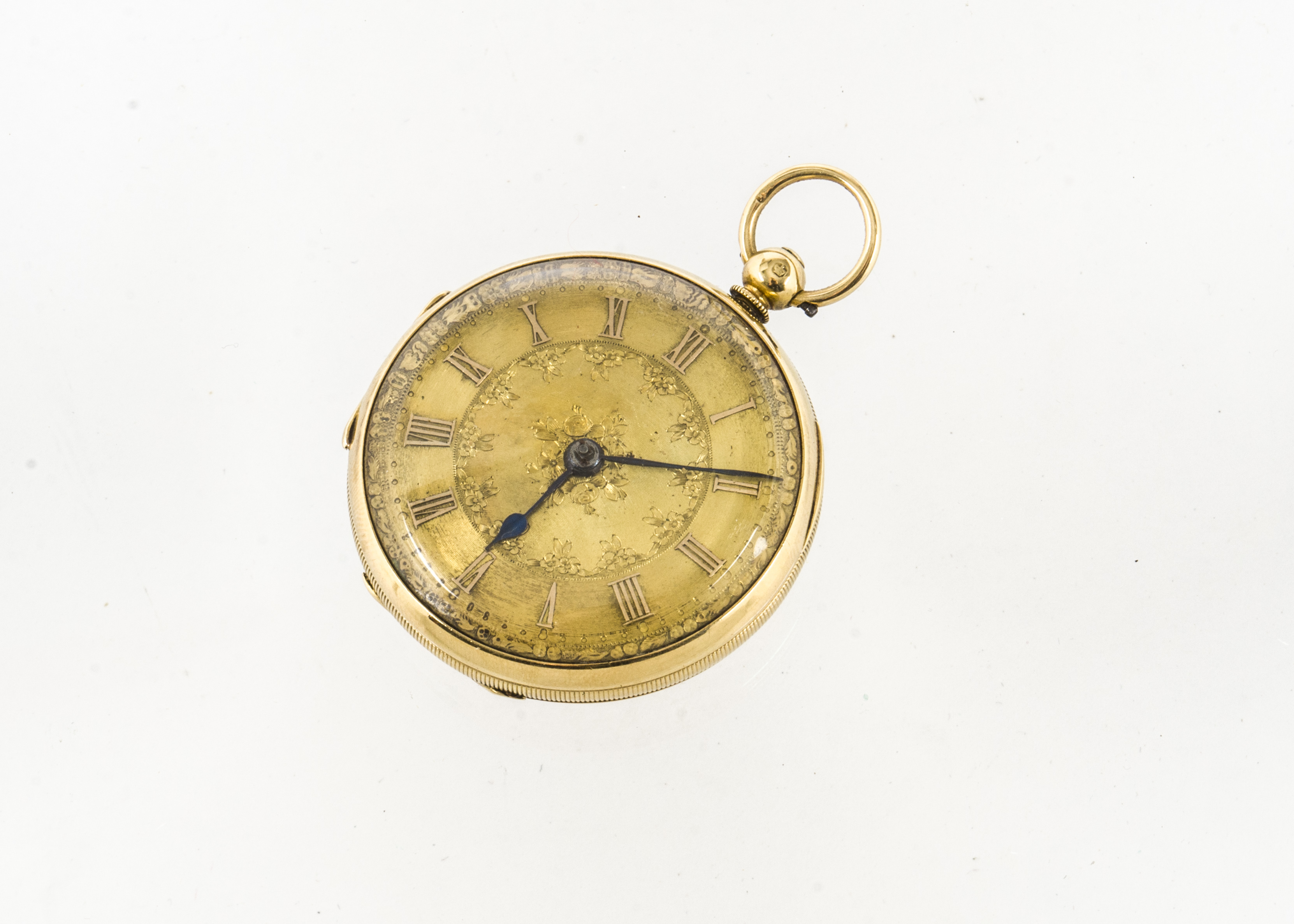 A Victorian 18ct gold lady's open faced pocket watch, 43mm case, having engraved gilt dial,