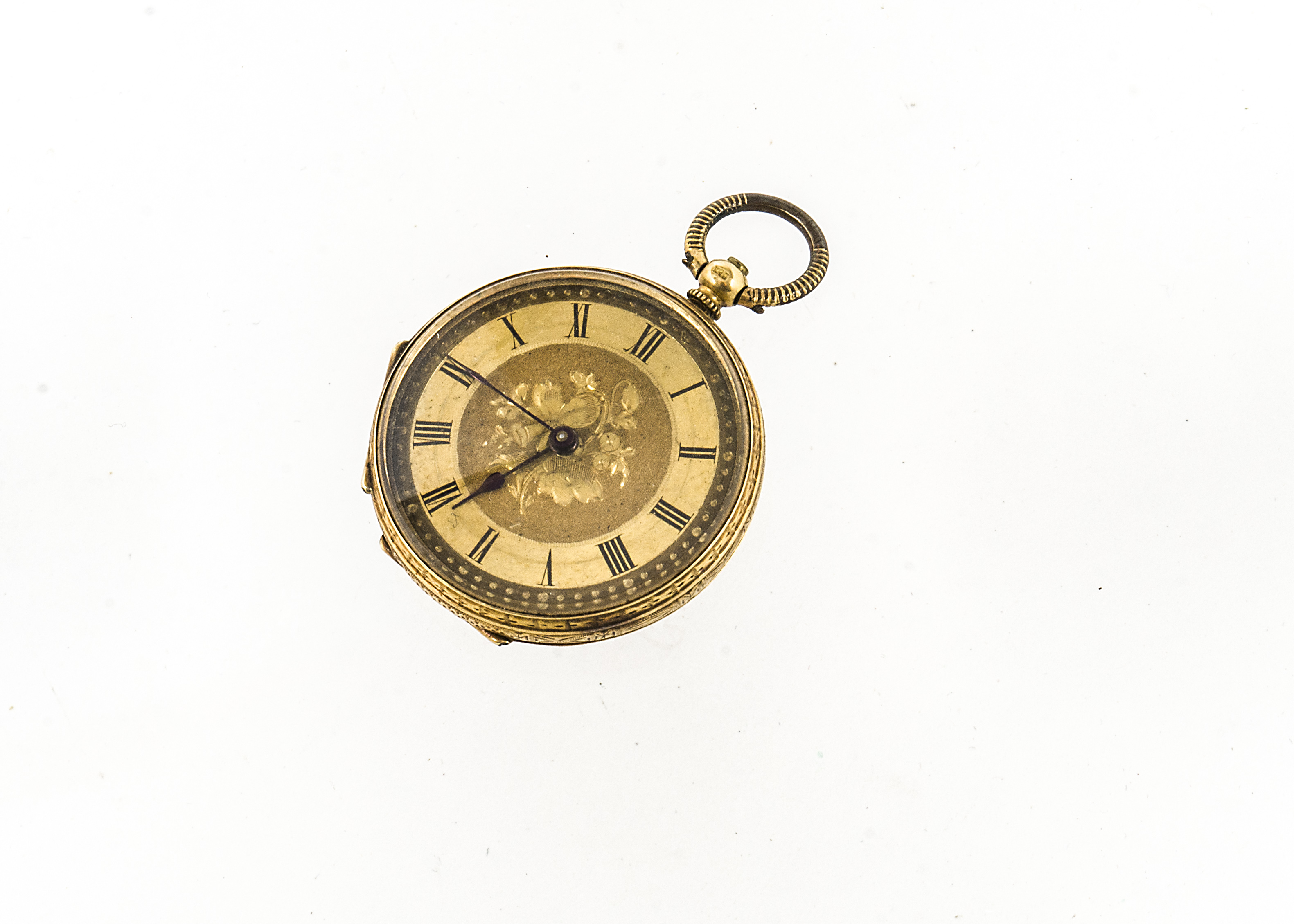 A 19th century continental 18ct gold lady's open faced pocket watch, 33mm case, engraved gilt