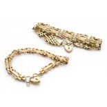 Two 9ct gold padlock clasp gate bracelets, one five bar example and one three bar, 14g