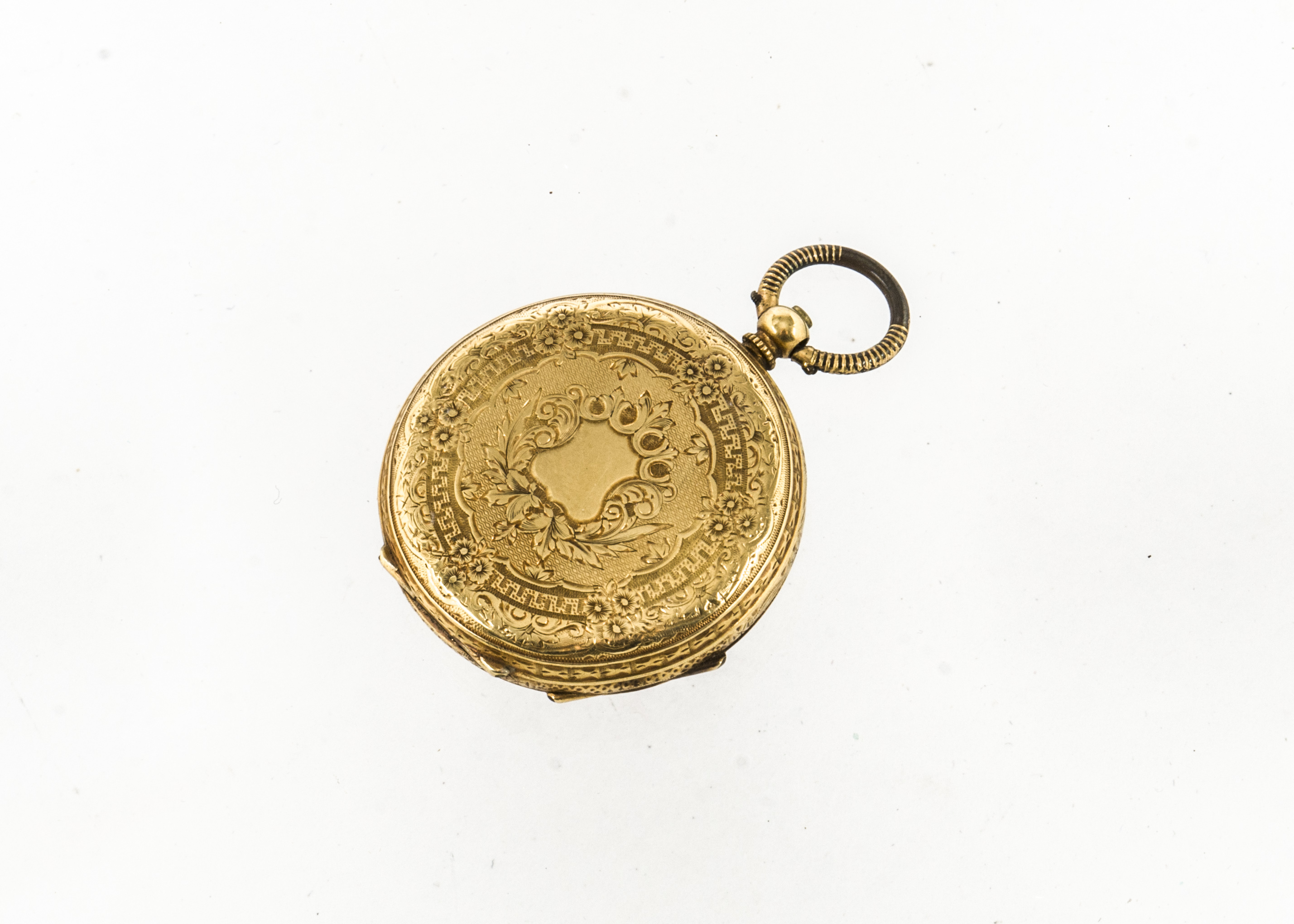 A 19th century continental 18ct gold lady's open faced pocket watch, 33mm case, engraved gilt - Image 2 of 3