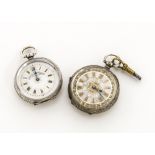 Two late 19th century continental silver open faced pocket watches, one with engraved silver
