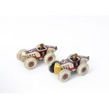 US Marx Clockwork Racing Cars, two printed tinplate open top racing cars both with race number 5 and