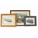 Jonathan Clay Water Colour Canal Barge with Limited Edition Railway and Tram Prints, a framed and