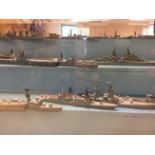 A large collection of 1:1200 scale or similar metal British Naval waterline Vessels, presented on