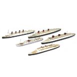 Various wooden 1:1200 scale or similar Ocean Liners Waterline Models by unknown maker, vessels