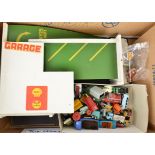 Tri-ang Garage and Postwar Diecast Vehicles, a painted wooden Tri-ang garage with Shell advertising,