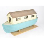 A Vintage Handmade Wooden Noah's Ark, approx 750mm in length, painted blue hull, hinged roof,