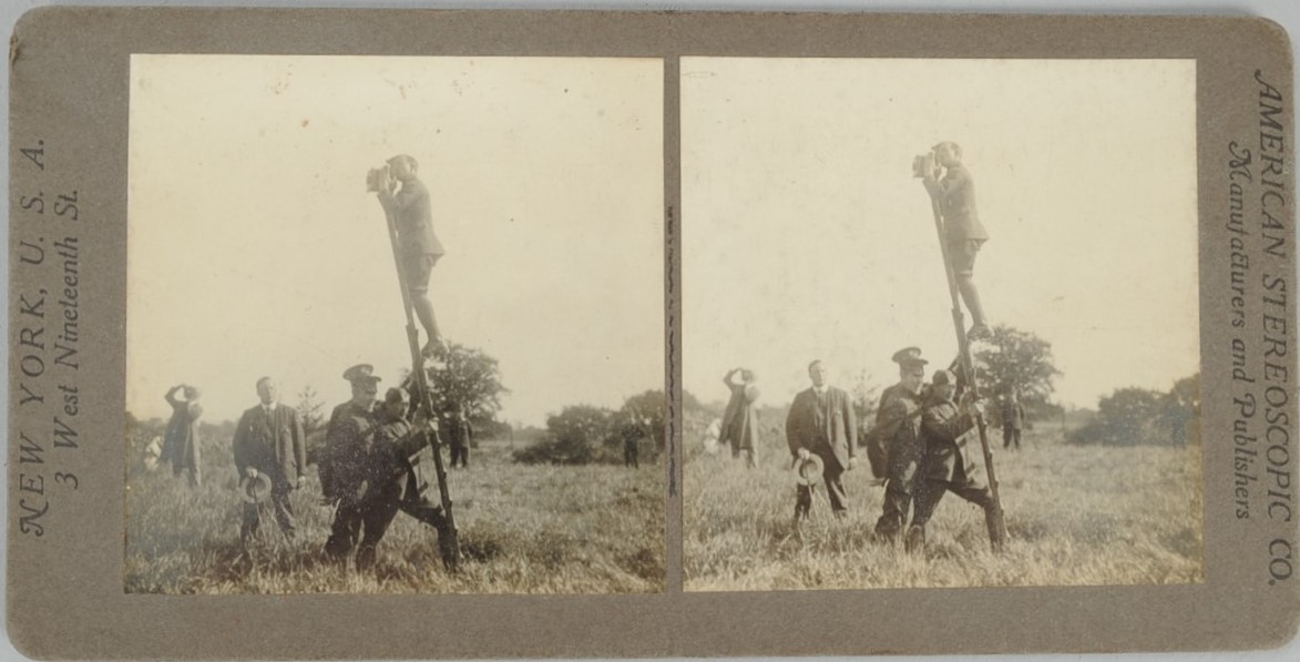 Stereoscopic Cards, mainly circa 1900, including soldiers supporting photographer on ladder (1),