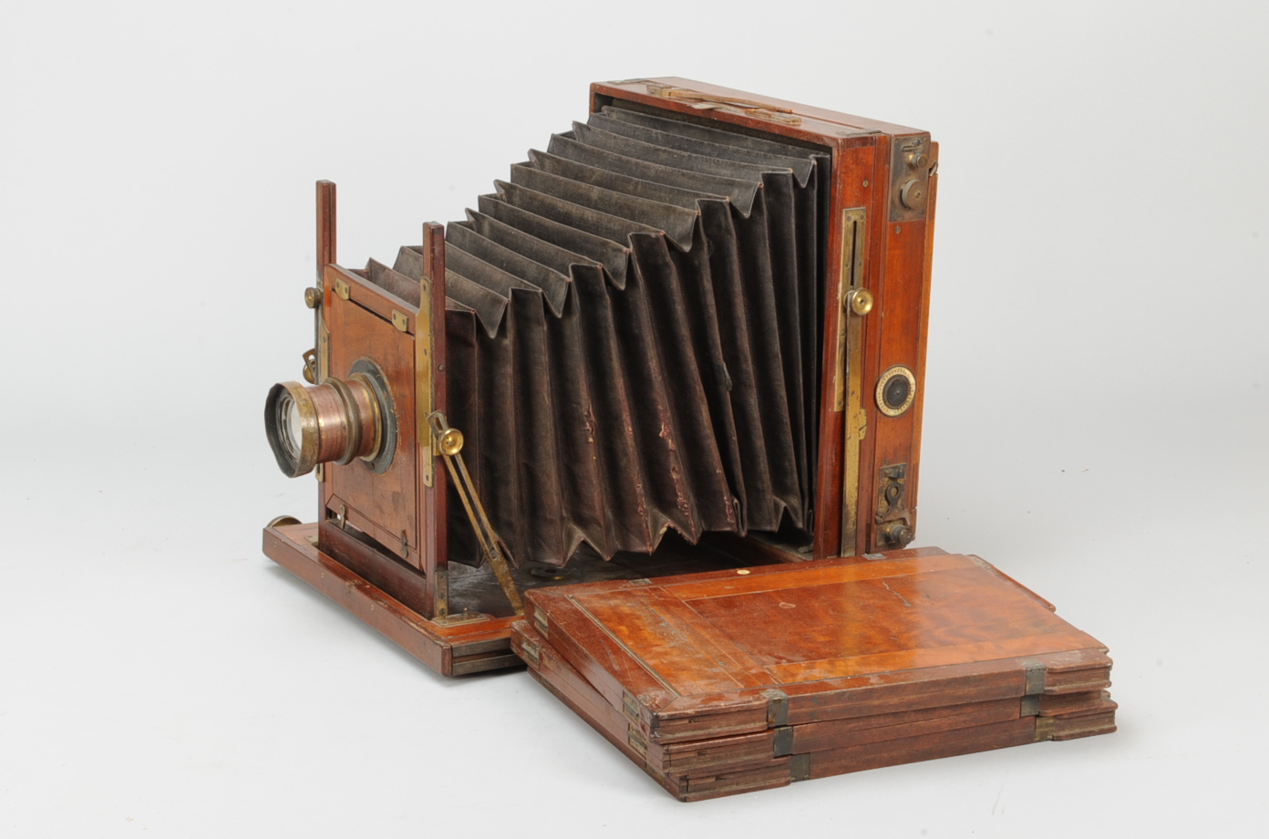 A 10 x 8 in mahogany and brass Field Camera, dark, probably Spanish, mahogany, black square cornered