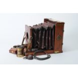 A Half-Plate Lejeune & Perken mahogany & brass Field Camera, lacks focusing back with red leather