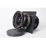 A Schneider-Kreuznach 165mm f/8 Super-Angulon Lens, covers 10x8 format, serial no 12981322, with