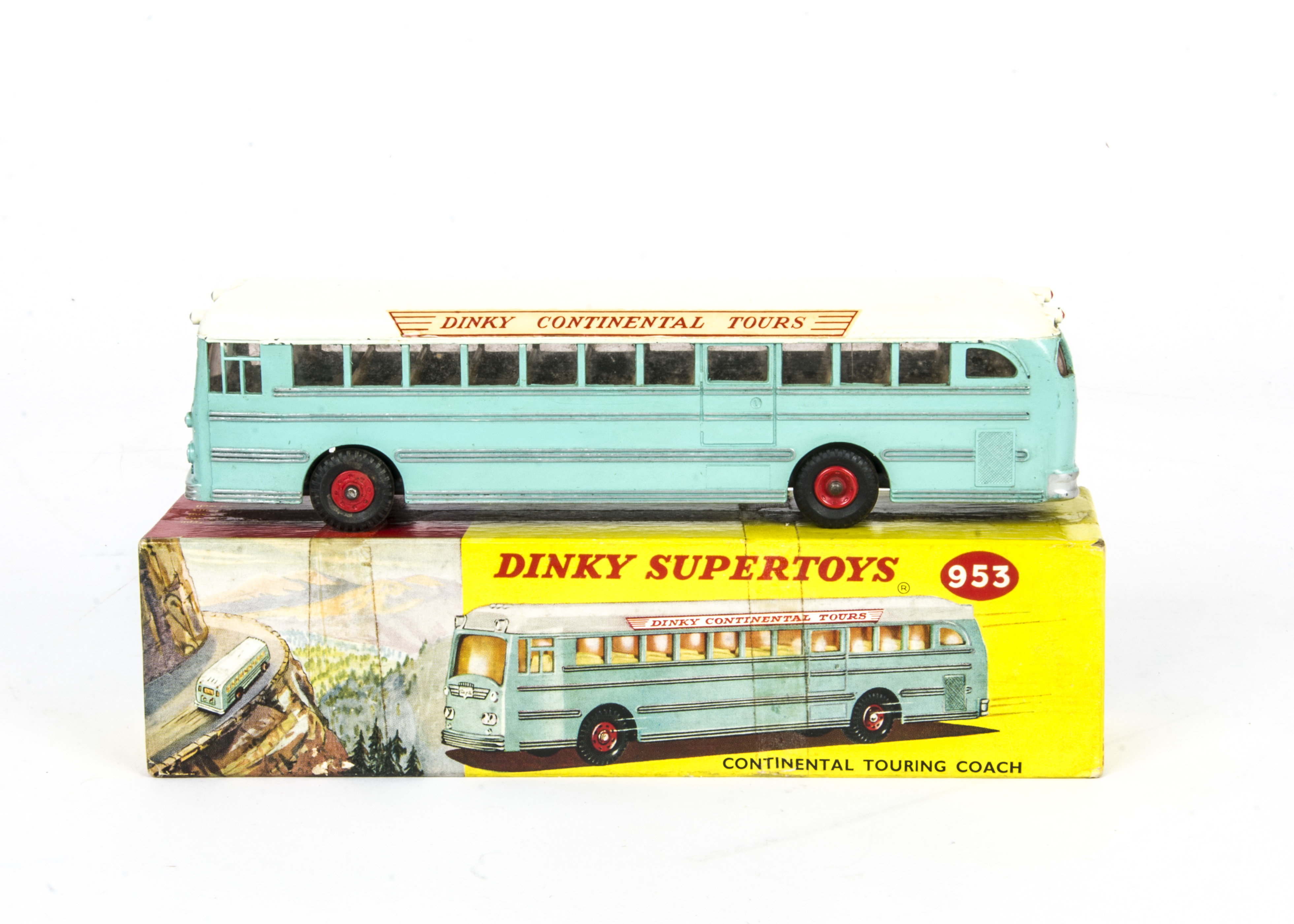 A Dinky Toys 953 Continental Touring Coach, turquoise body, white roof, 'Dinky Continental Tours'