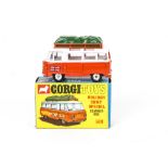 A Corgi Toys 508 Holiday Camp Special Commer Bus, white/orange body, green luggage cover, four brown