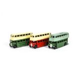 Dinky Toys 29c Double Deck Buses, three examples, all 1st type, one two-tone green body, one red