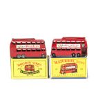 Matchbox Lesney 1-75 Series 56a London Trolley Bus, two examples, both red body and poles, one