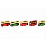 Dinky Toys 29c/290/291 Double Deck Buses, five examples, two 2nd type, two 3rd type, one 291 red