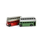 Dinky Toys 29c Double Deck Buses, two examples, both 1st type, one green lower deck, grey upper, one