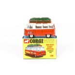 A Corgi Toys 508 Holiday Camp Special Commer Bus, white/orange body, green luggage cover, three