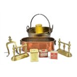 Two brass preserve pans, four advertising tins, a copper fish kettle and a pair of brass fire