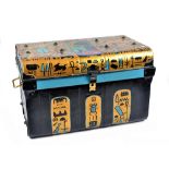 A large metal chest, with a carrying handle either side, the exterior painted with hieroglyphics, 36