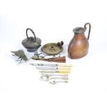 A selection of brass and copper ware, including an arts & crafts kettle, pair of candlesticks,