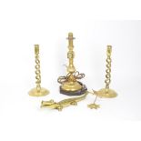A collection Victorian and later brass and metalware, a Benson copper oil lamp with looped brass