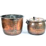 A copper cauldron and circular kindling bin, both of sizeable proportions, the cauldron height 36 cm