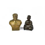 A Chinese brass bust of Mao Zedong, 17 cm high, together with another of a seated oriental figure,