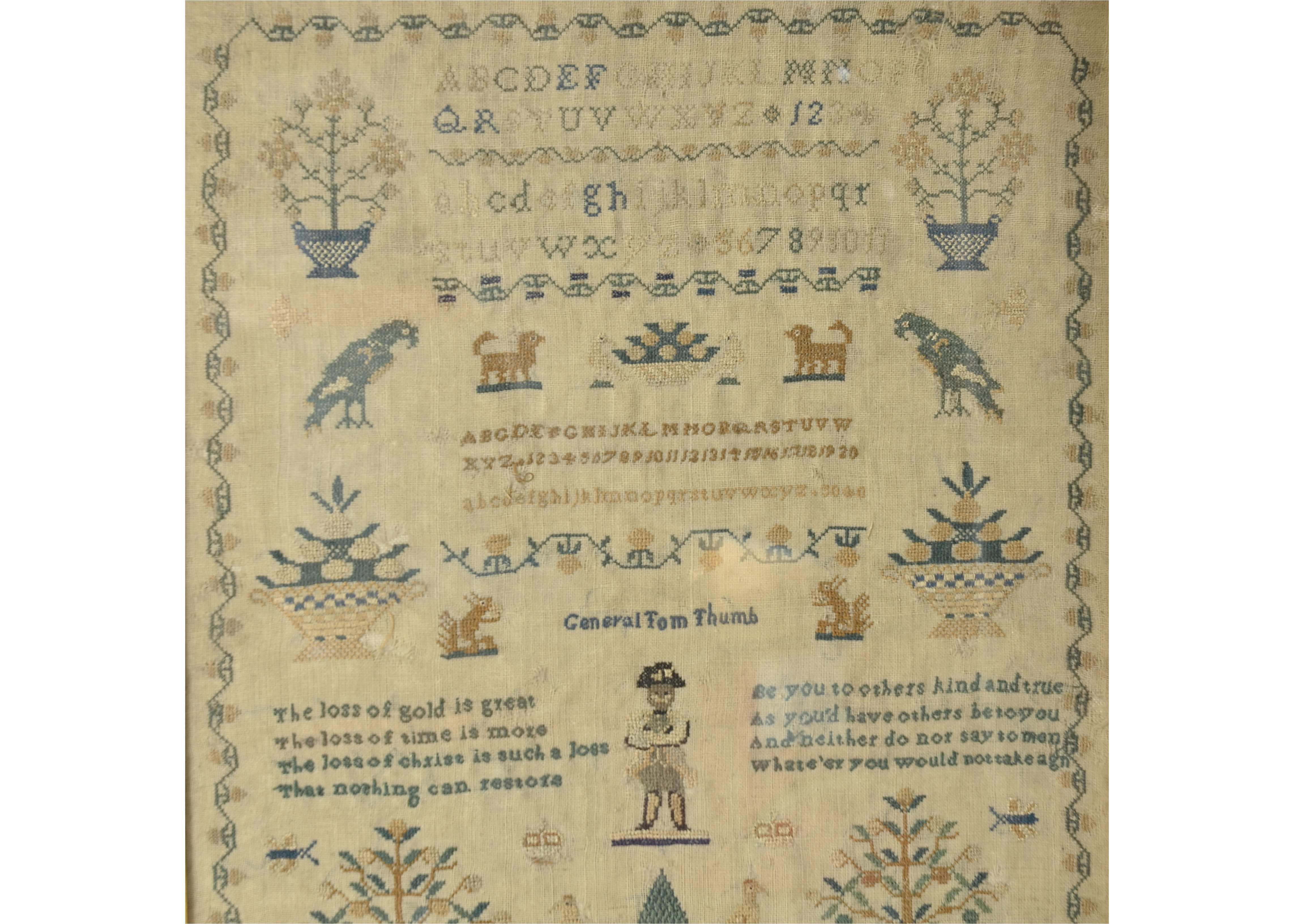 A Victorian Sampler depicting general Tom Thumb, an unusual needlework sampler, in later frame (with - Image 2 of 2