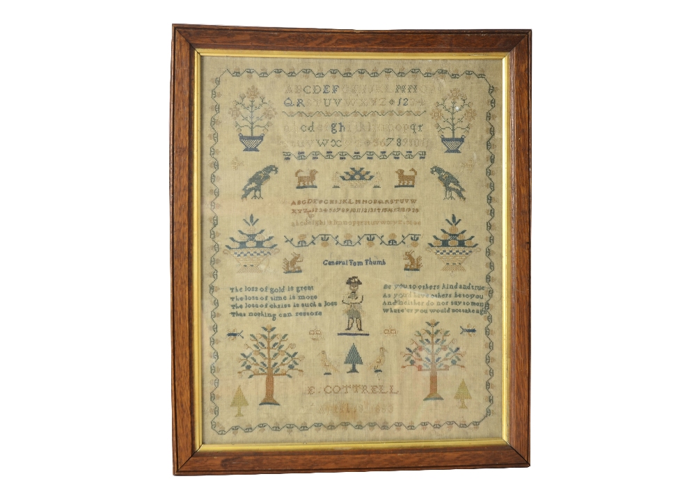 A Victorian Sampler depicting general Tom Thumb, an unusual needlework sampler, in later frame (with