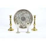 A mixed lot of metalware items to include brass candlesticks, silver plated goblets and large