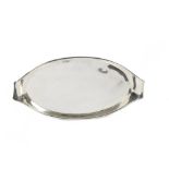 A W.A.S. Benson arts & crafts silver plated tray, in an oval shape with two handles, 41 cm x 21 cm