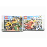A pair of Lego City Displays, 60158 Jungle Cargo Helicopter and 60137 City Tow Truck Trouble Set,