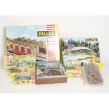 Unmade HO Scale Kit Buildings by Faller, mostly earlier issues in red/white-striped yellow boxes,