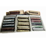 Trix/Liliput OO Gauge Plastic Coaching Stock, including 6 green, 8 brown/cream, 13 crimson, 9 BR