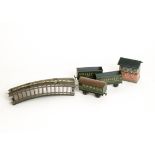 Bing/Bub OO Gauge Table Top Railway, three Continental-style green coaches, one complete and with