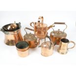 Two copper kettles together with a large copper can, another smaller and three copper cylindrical