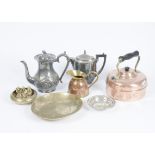 A large selection of metalware, including a copper kettle, silver plated teapot, gravy boat, serving