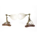 A pair of William Arthur Smith W A S Benson lamps, signed, with shades and adjustable brass