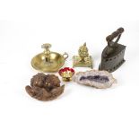 A mixed lot of metalware and stoneware collectables, to include a brass inkwell on lions paw feet,