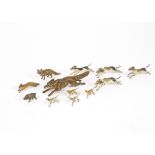 A quantity of painted bronze animals, consisting of three foxes, four gun dogs, four miniature