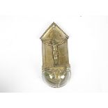 A continental metal and glass holy water stoop, shaped rectangular form with a peaked top,