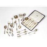 A small collection of antique and later silver spoons and tourist spoon, together with a Russian