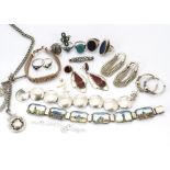 A quantity of silver jewels, including a German white metal and enamel bracelet, with scenes from