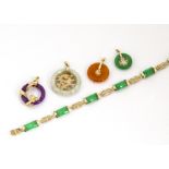 A quantity of coloured jade and hardstone Chinese pendants, and a green jade Chinese bracelet