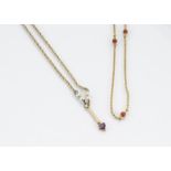 An 18ct gold fine bead and coral necklace, together with a 9ct gold amethyst and seed pearl necklace