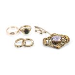 A pair of yellow metal diamond and sapphire hoop earrings, an amethyst gilt metal brooch, an