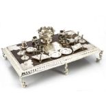 A miniature Queen Anne style Britannia silver and oak banquet table, together with a collection of
